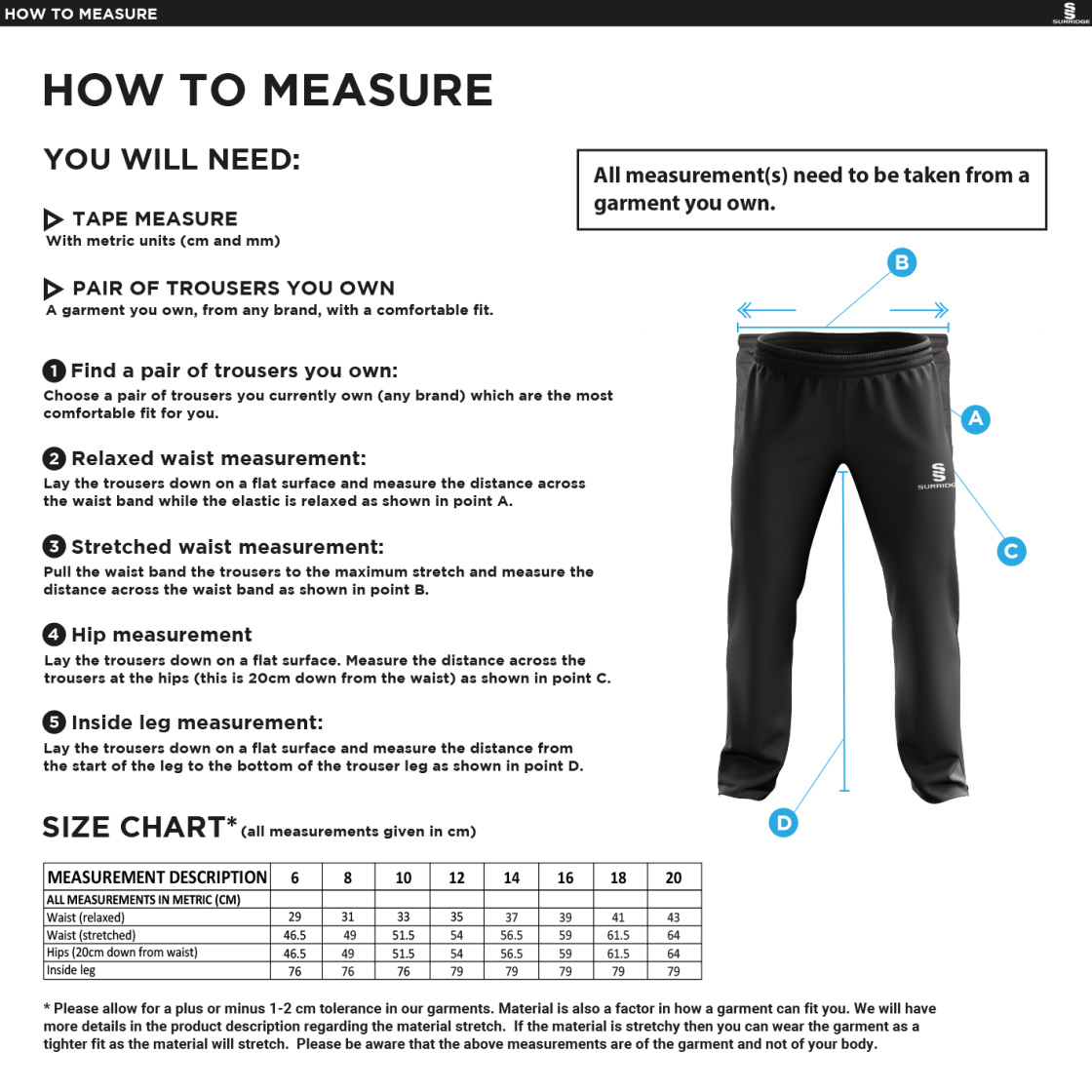 Outwood CC - Women's Ripstop Track Pants - Size Guide