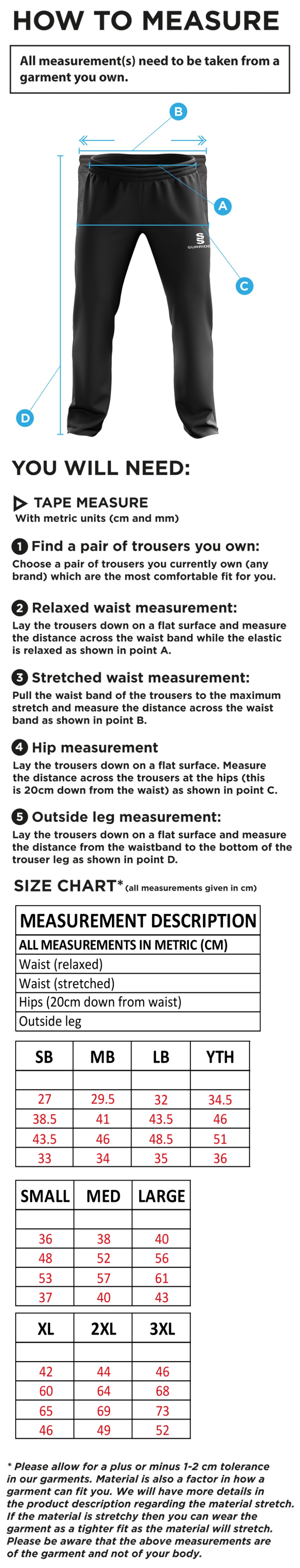 Outwood CC - Ripstop Track Pants - Size Guide