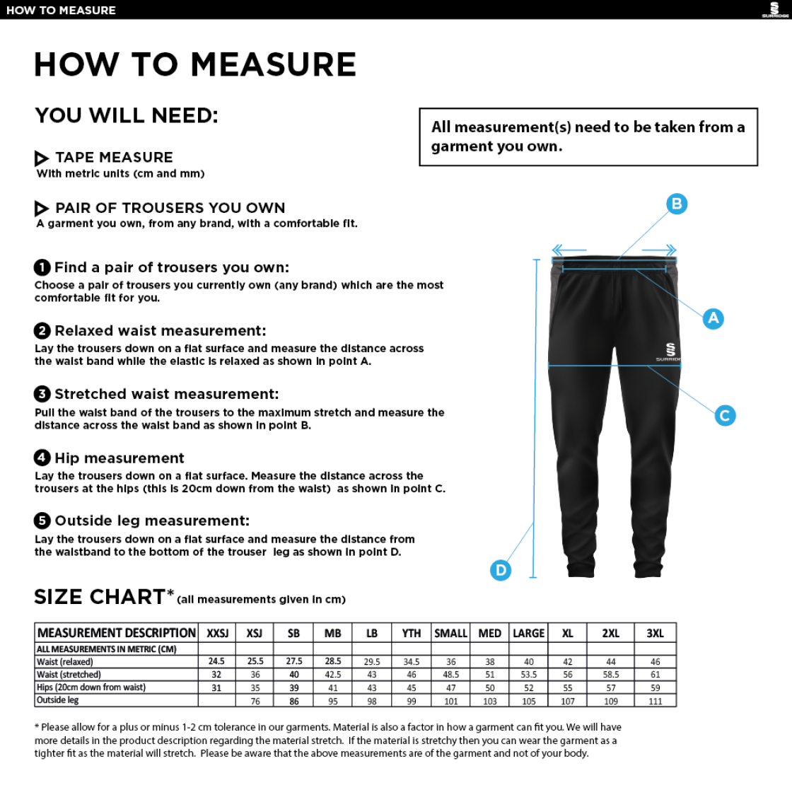 Outwood CC - Tek Slim Training Pants - Size Guide