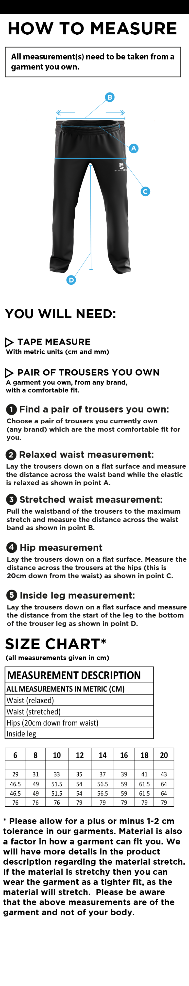 Outwood CC - Women's Ripstop Track Pants - Size Guide
