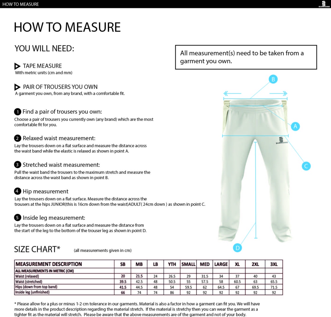 Outwood CC - Standard Playing Pant - Size Guide