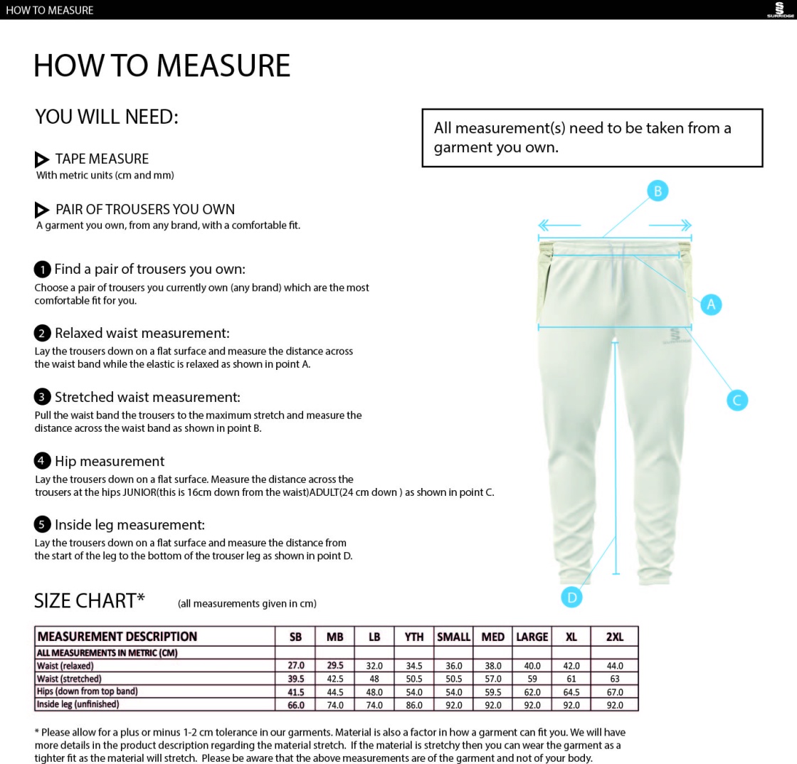 Outwood CC - Blade Coloured Playing Pant - Size Guide