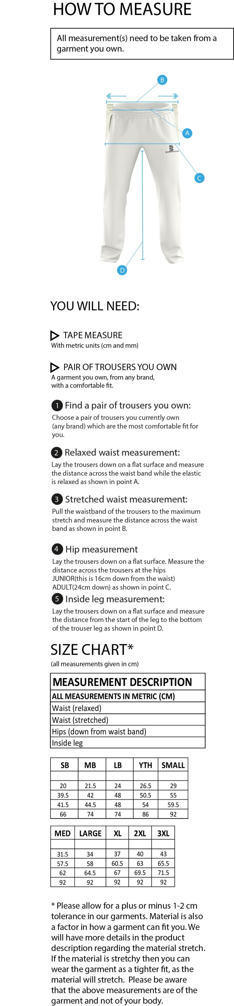 Outwood CC - Standard Playing Pant - Size Guide