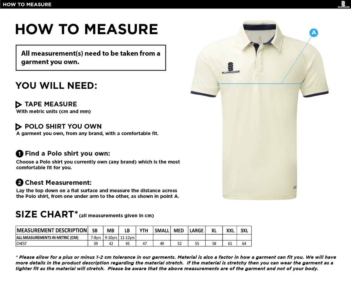 Outwood CC - Ladies Ergo Short Sleeved Playing Shirt - Size Guide