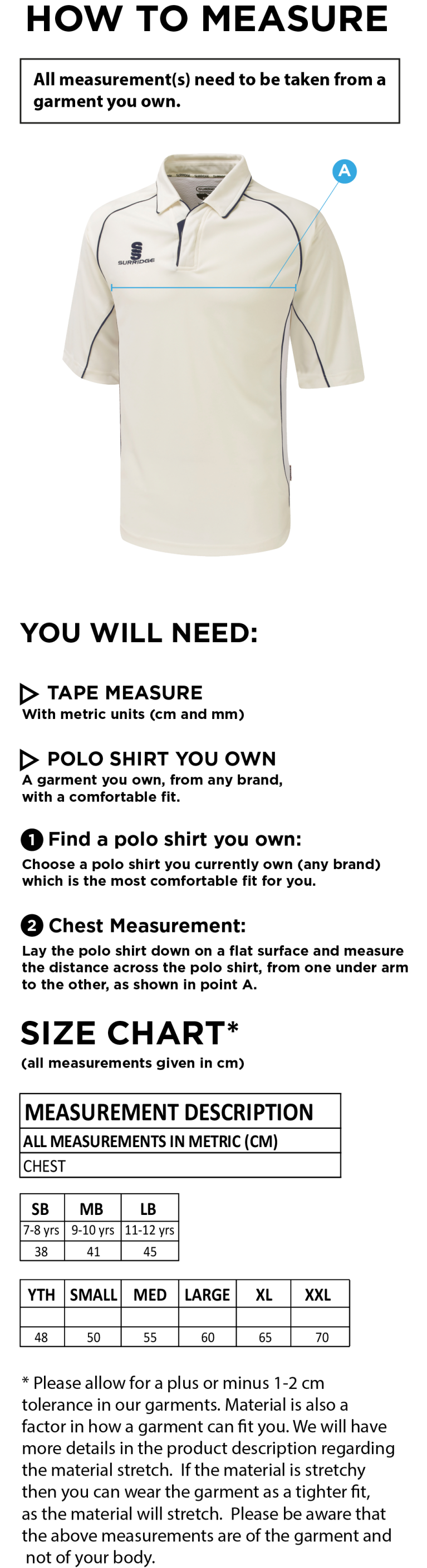 Outwood CC - Premier 3/4 Sleeved Shirt - Size Guide