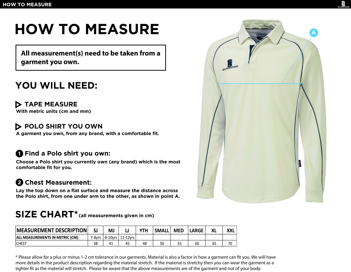 Outwood CC - Premier Long Sleeved Shirt - Size Guide