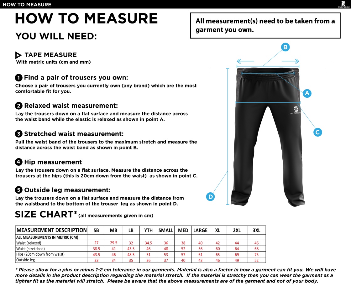 Outwood CC - Ripstop Track Pants - Size Guide