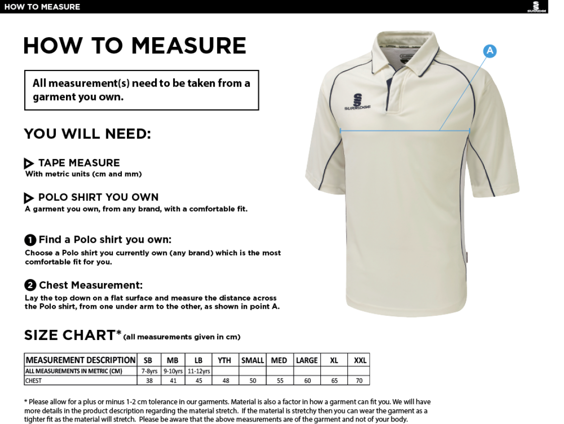 Outwood CC - Premier 3/4 Sleeved Shirt - Size Guide